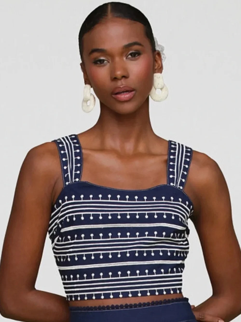 Avec Les Filles Embroidered Crop Top Navy White Size 4